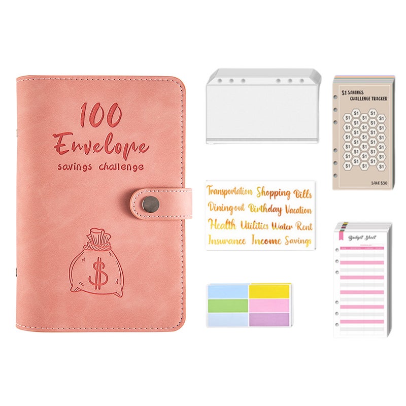 100 Envelopes Money Saving Challenge Budget Binder PU Leather Cover with Cash Envelope PVC Pocket Zipper/Budget Cards   /Lable Stickers Used as Money Organizer System Saving Planner Birthday Gift for - Image 1