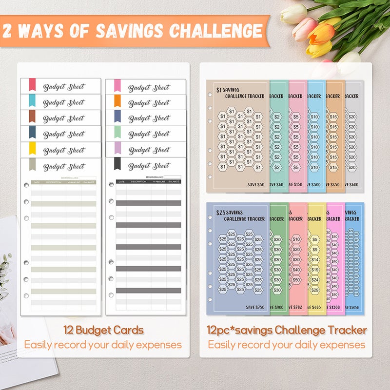 100 Envelopes Money Saving Challenge Budget Binder PU Leather Cover with Cash Envelope PVC Pocket Zipper/Budget Cards   /Lable Stickers Used as Money Organizer System Saving Planner Birthday Gift for - Image 4
