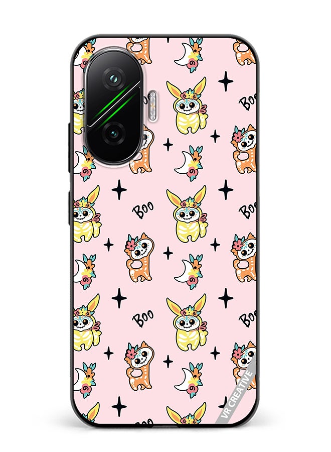 Protective Case Cover For Xiaomi Poco F7 Skeletons Of Cute Animals On Pink Design Multicolour