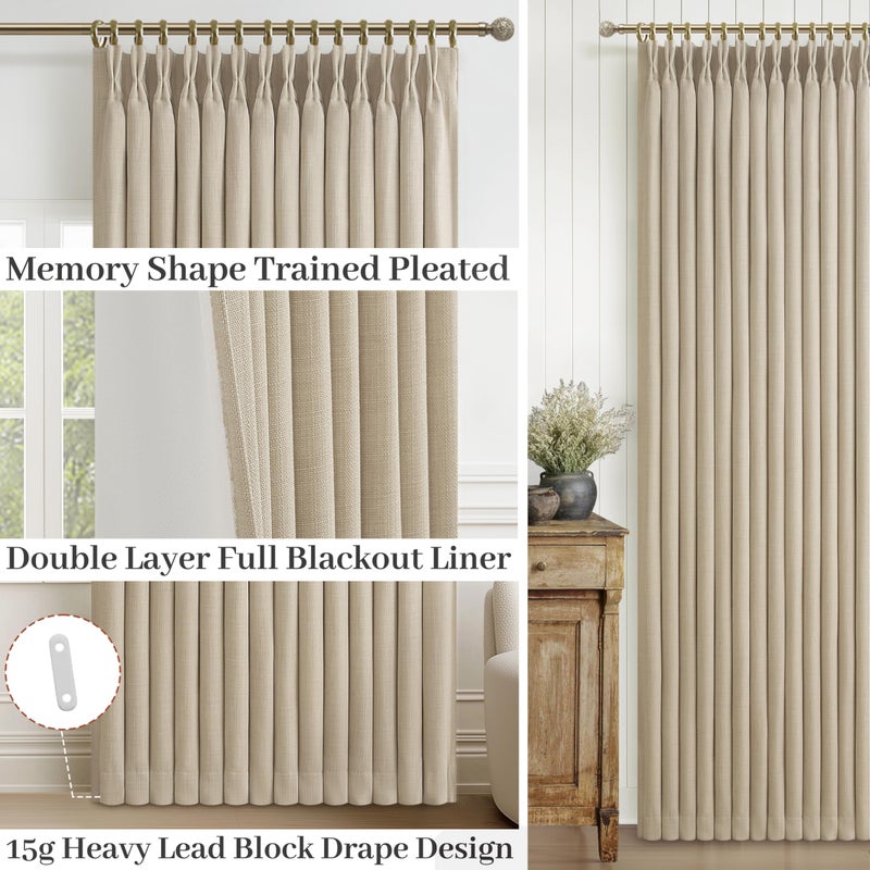 PleatedDrapes Blackout Extra Wide 70 Inch Curtains 90 Inches Long for Bedroom 2 Panels Set, Natural Linen Memory Trained Pinch Pleated Double Layer Thermal Noise Cancelling Rustic Windows Drapes Room Divider 70x90 - Image 4