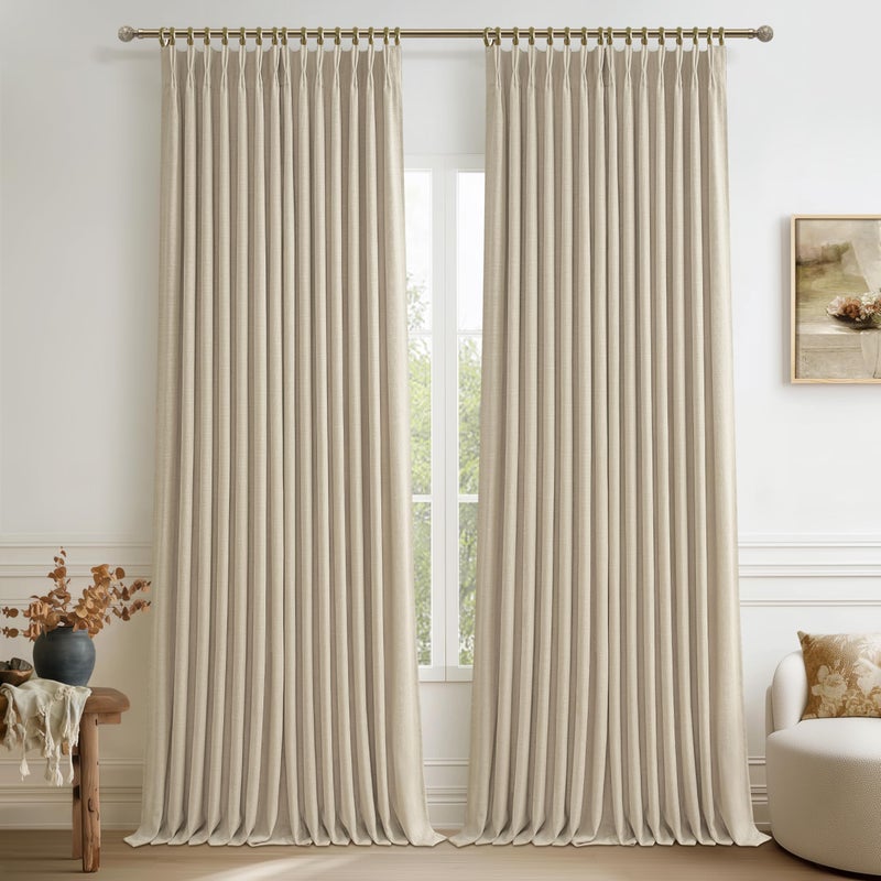 PleatedDrapes Blackout Extra Wide 70 Inch Curtains 90 Inches Long for Bedroom 2 Panels Set, Natural Linen Memory Trained Pinch Pleated Double Layer Thermal Noise Cancelling Rustic Windows Drapes Room Divider 70x90 - Image 1