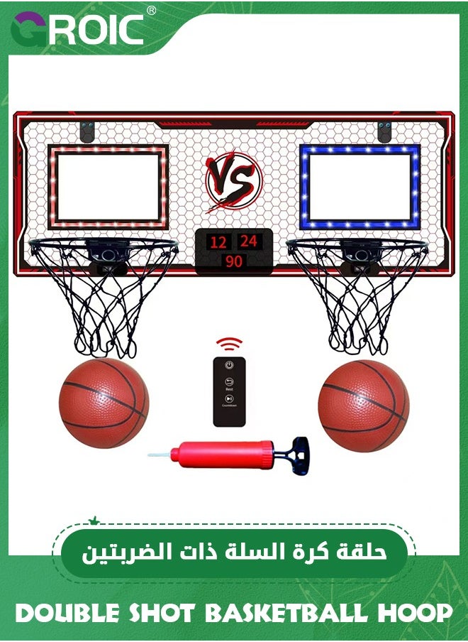 GROIC Double Shot Basketball Hoop - 2 Player Basketball Game Indoor Outdoor, Over The Door with LED Light, Electronic Scoreboard, 2 Balls, 1 Remote Control - Wall Mount Toy Mini Basketball Hoops for Kids  - Image 1