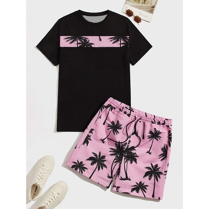 New Sublimation Round Neck Short-Sleeved Beach Pants Hawaiian Suit Simple Trendy Two-Piece Set 3D Printing - Image 3