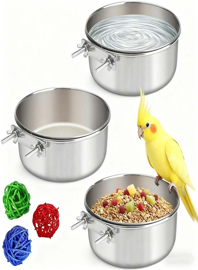 Xxmbbjy 3 Pcs Stainless Steel Bird Food Water Bowls, Parrot Feeding Dish Cups with Clamp Holder Bird Ball Toys for Chinchilla, Cockatiel, Conure, Budgies, Parakeet, Lovebirds, Small Animals (Small) - Image 1