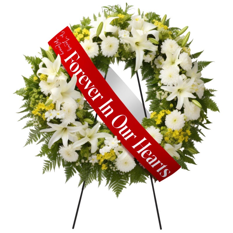 Fanfanwin Funeral Sash Memorial Wreath Sash Funeral Ribbon Celebration of Life Ribbon for Casket or Wreath Flowers Memorial Service Honor The Loved Ones Memory 58x4'' (Red,Forever in Our Hearts) - Image 1
