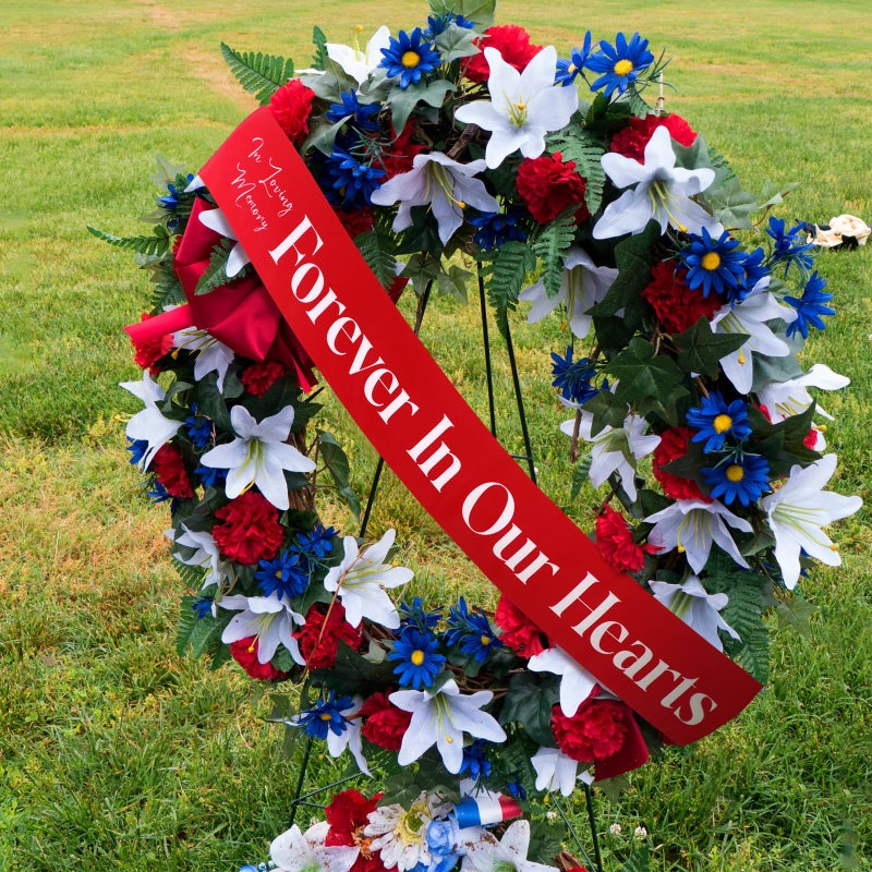 Fanfanwin Funeral Sash Memorial Wreath Sash Funeral Ribbon Celebration of Life Ribbon for Casket or Wreath Flowers Memorial Service Honor The Loved Ones Memory 58x4'' (Red,Forever in Our Hearts) - Image 5