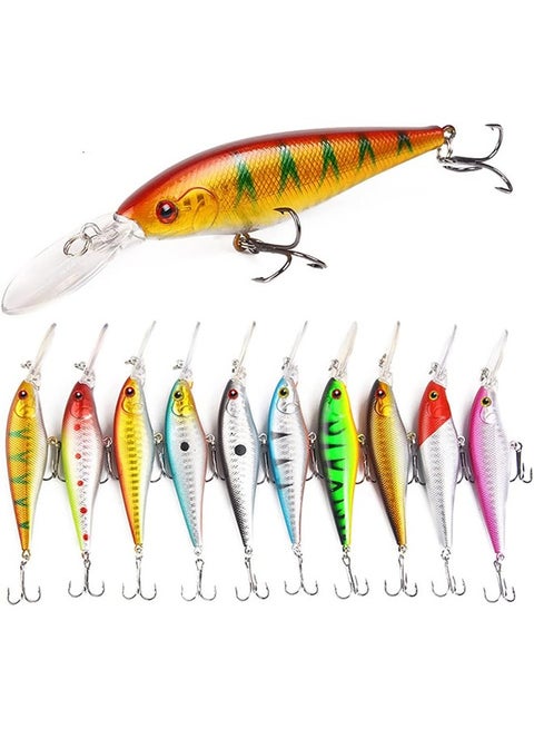 10Pcs Fishing Lures - Crank Bait Set, Deep Diving Wobblers Artificial Baits with 3D Eyes, Bass Lures for Freshwater and Saltwater Fishing