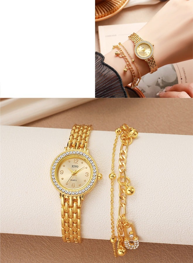 DUNISO Gold Ladies Quartz Watch Set, Round Dial Steel Watch + Double Bracelet Set, With Box, Orange Bow Gift Box, With Diamond Decoration - Image 1