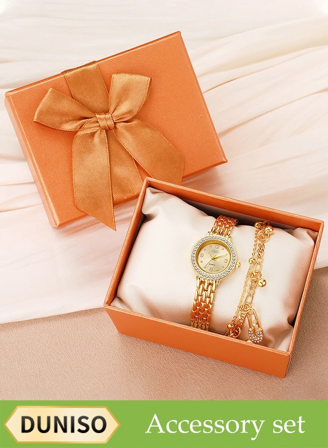 DUNISO Gold Ladies Quartz Watch Set, Round Dial Steel Watch + Double Bracelet Set, With Box, Orange Bow Gift Box, With Diamond Decoration - Image 2