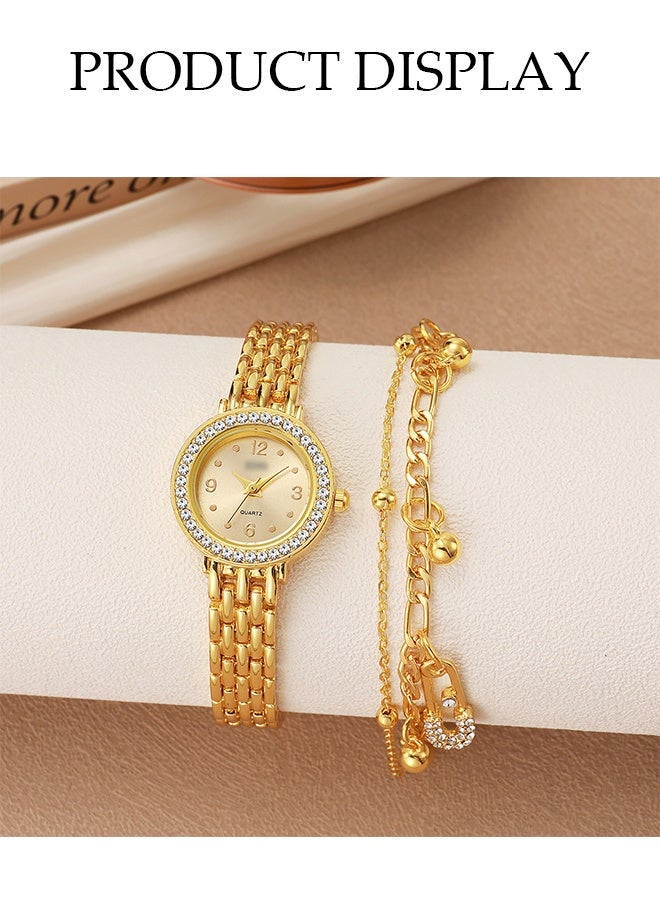DUNISO Gold Ladies Quartz Watch Set, Round Dial Steel Watch + Double Bracelet Set, With Box, Orange Bow Gift Box, With Diamond Decoration - Image 4