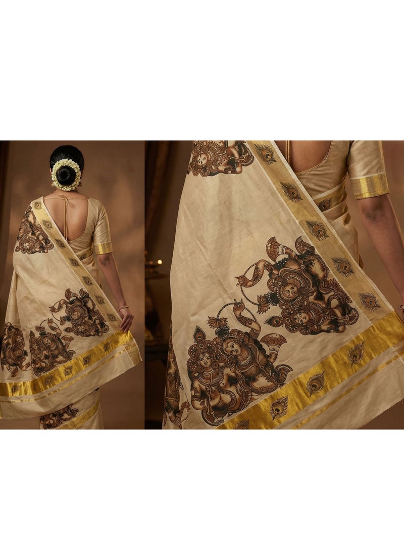 A.M Kerala Kasavu cotton saree with traditional mural art depicting the divine love story of Radha and Krishna - Image 1