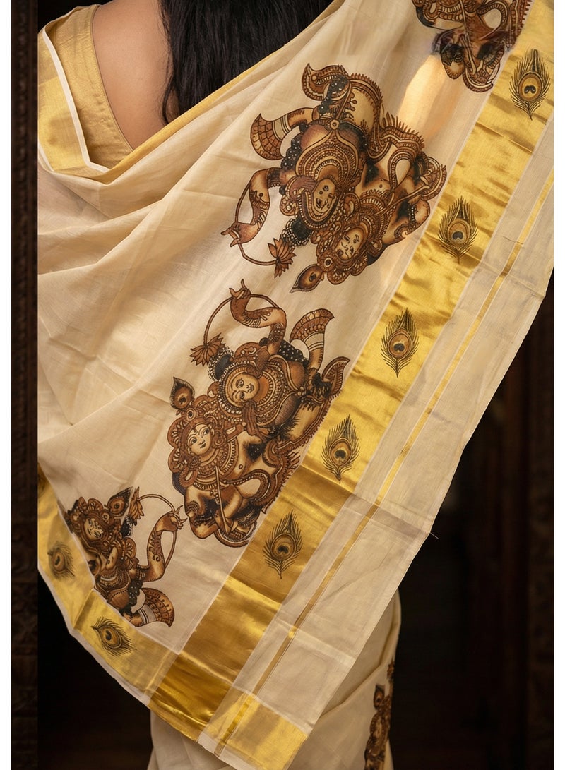 A.M Kerala Kasavu cotton saree with traditional mural art depicting the divine love story of Radha and Krishna - Image 2