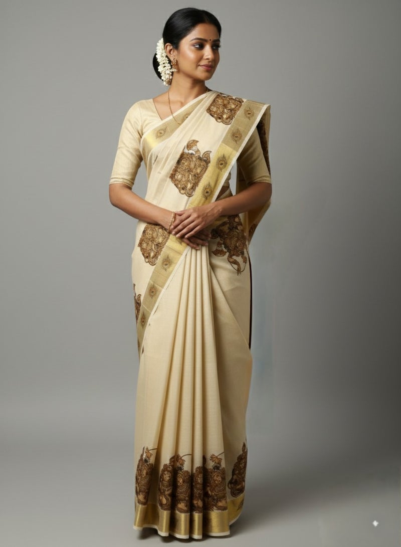 A.M Kerala Kasavu cotton saree with traditional mural art depicting the divine love story of Radha and Krishna - Image 3