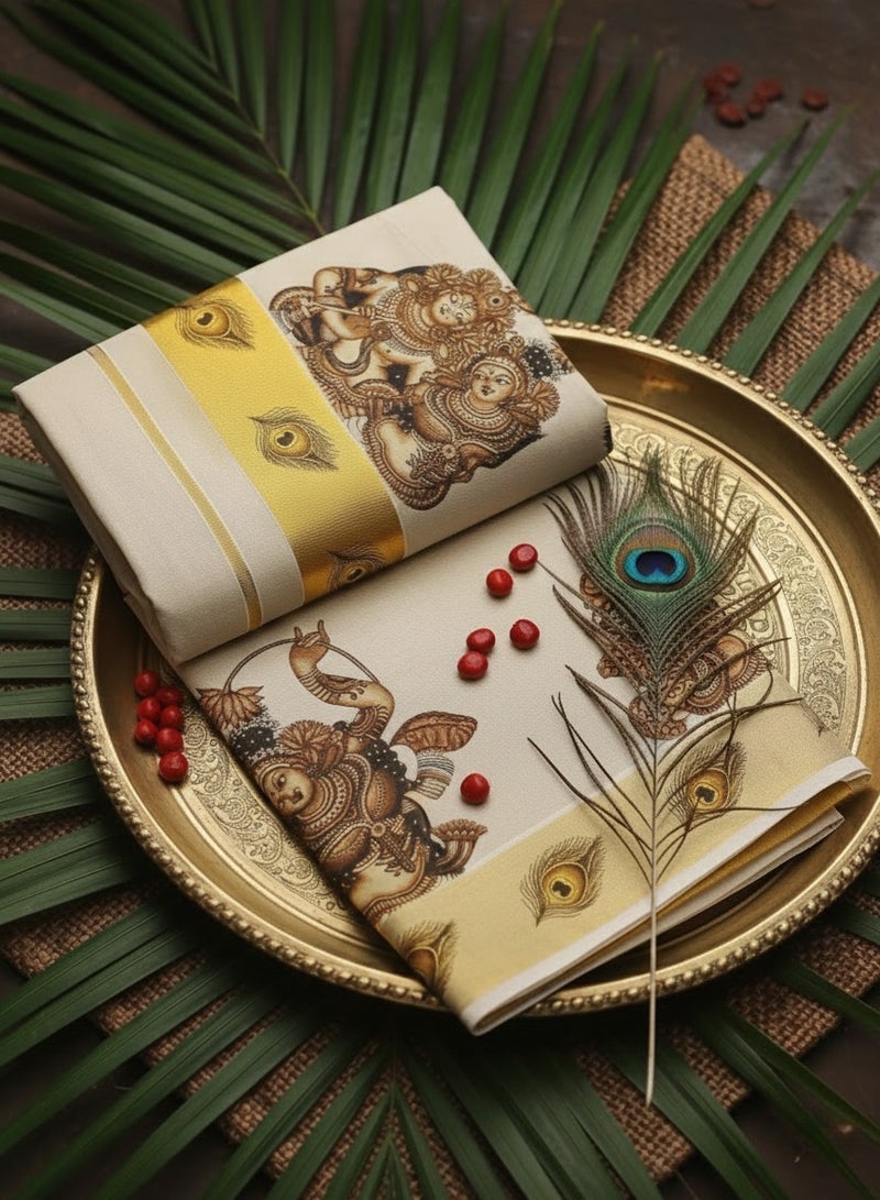 A.M Kerala Kasavu cotton saree with traditional mural art depicting the divine love story of Radha and Krishna - Image 4