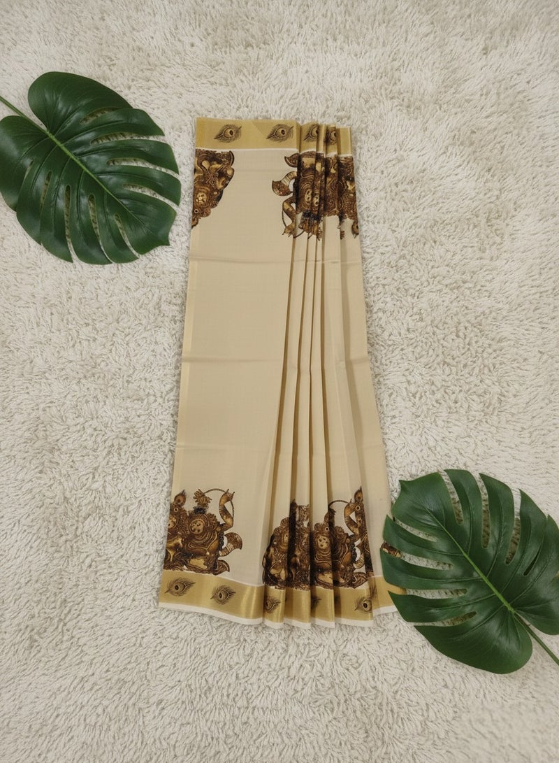 A.M Kerala Kasavu cotton saree with traditional mural art depicting the divine love story of Radha and Krishna - Image 5