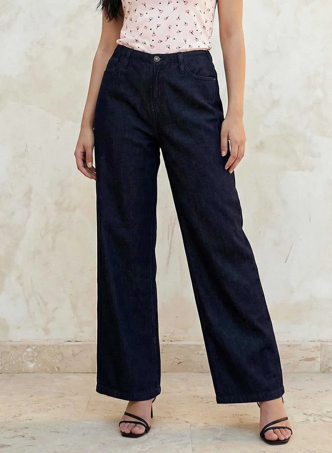 Splash FAV BLUE Wide Leg High Rise Jeans with Elastic Waist for Women | Best Price UAE