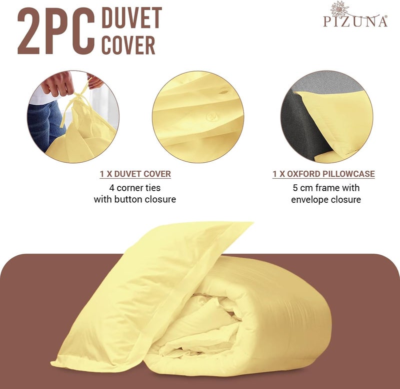 PIZUNA Simple multi-color universal build 100% Cotton GCC Single Duvet Cover Set 160x210 cm Mellow Yellow, 400 Thread Count Long Staple Cotton Sateen Weave Duvet Cover Set with 1 Pillowcase (Mellow Yellow Bedding Duvet Cover Sets) Globally spread simple design - Image 3