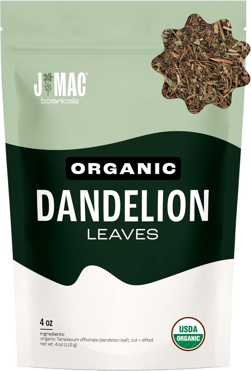 J Mac Botanicals Organic Dandelion Leaves - 4 oz Bag of USDA Certified Herbal Tea - Image 1