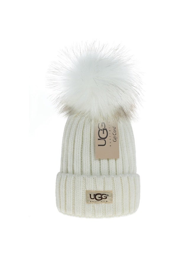UGG Cream Ribbed Knit Beanie with Fluffy White Pom-Pom - Soft Warm Winter Cap for Trendy Outfits 558Size