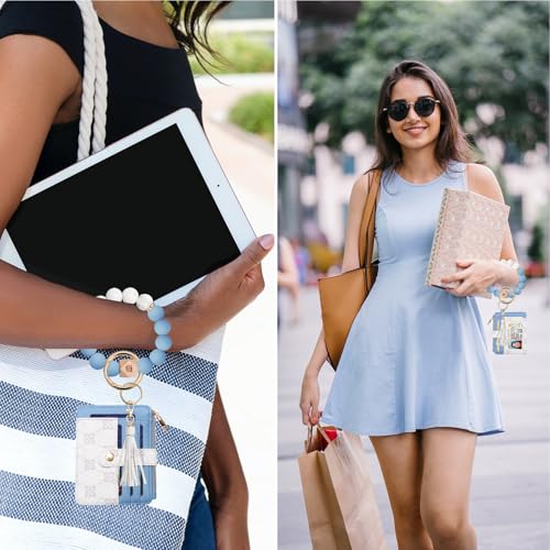 COOLANS Wristlet Bracelet Keychain Pocket Credit Card Holder Purse Tassel Keychain Bangle Key Ring for Women (Silicone Bead Bracelet+Card Purse (Blue&White)) - Image 3