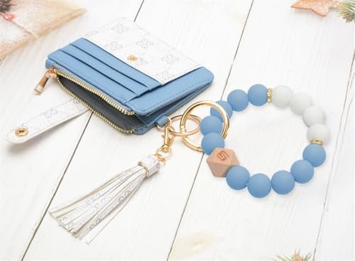 COOLANS Wristlet Bracelet Keychain Pocket Credit Card Holder Purse Tassel Keychain Bangle Key Ring for Women (Silicone Bead Bracelet+Card Purse (Blue&White)) - Image 4