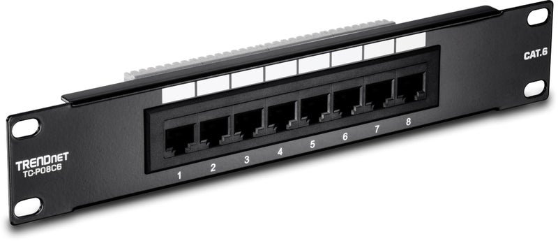 لوحة توصيل غير درع 8 منافذ من TRENDnet TCP08C6 بحجم 10 بوصات مع 8 منافذ إيثرنت RJ45 جيجابت مسبقة الترقيم، تصنيف الألوان 250 ميجاهرتز