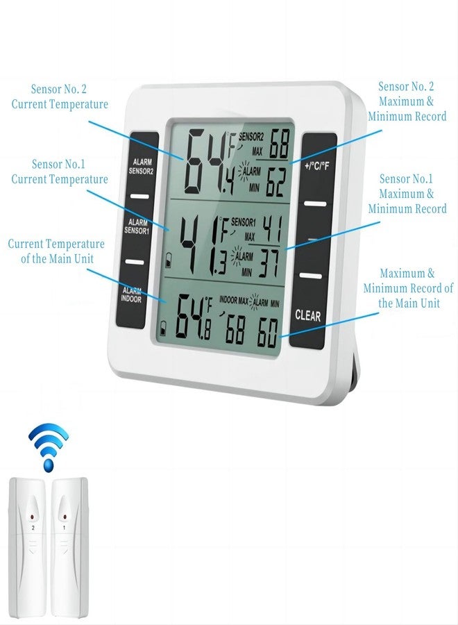 Zerodis Digital Refrigerator Thermometer Freezer Thermometer with Audible Alarm Wireless Sensors 2PCS Temperature Monitor LCD Display Min Max for Kitchen Home Outdoor - Image 3