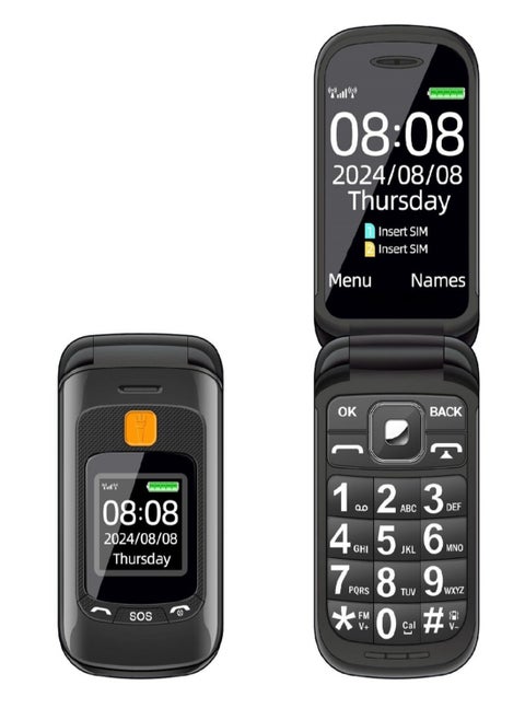 Flip Phone, Arabic Supported, 2.4 inch HD Display, SOS and time broadcast button, talking numbers, FM radio, flashlight, flip phone for seniors and kids, black