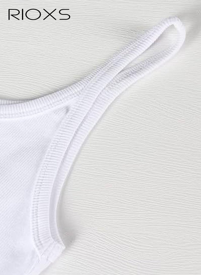 ريوكس بلوزة نسائية بدون أكمام بياقة دائرية وحمالات رفيعة، قميص داخلي صيفي ضيق بدون أكمام مضلع، بلوزة قصيرة كاجوال سادة متعددة الطبقات لتمارين اليوغا في العطلات، أبيض - Image 3