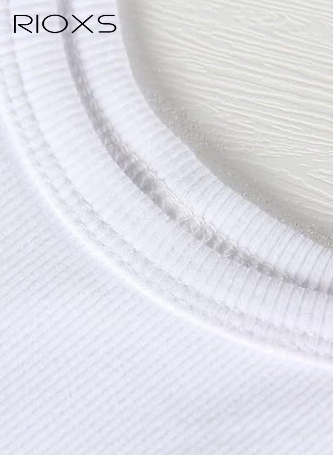 ريوكس بلوزة نسائية بدون أكمام بياقة دائرية وحمالات رفيعة، قميص داخلي صيفي ضيق بدون أكمام مضلع، بلوزة قصيرة كاجوال سادة متعددة الطبقات لتمارين اليوغا في العطلات، أبيض - Image 2