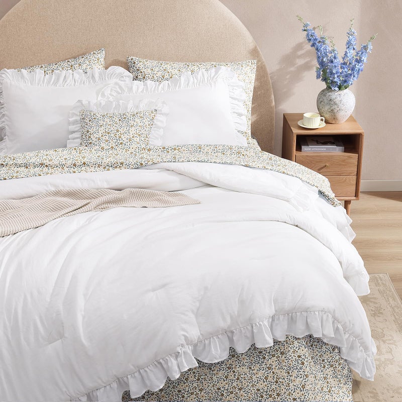 BLOOMHAVEN Full Comforter Set - 7 Pieces Ruffle White Bedding Sets, Shabby Chic Farmhouse Bed in a Bag Full with Ruffle Comforter, Floral Sheets, Pillowcases & Shams - Image 5