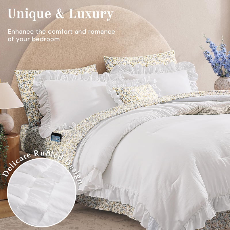 BLOOMHAVEN Full Comforter Set - 7 Pieces Ruffle White Bedding Sets, Shabby Chic Farmhouse Bed in a Bag Full with Ruffle Comforter, Floral Sheets, Pillowcases & Shams - Image 3