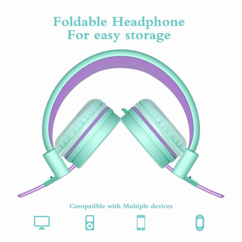 ELECDER i37 Kids Headphones Children Girls Boys Teens Foldable Adjustable On Ear Headphones 3.5mm Jack Compatible Cellphones Computer MP3/4 Kindle School Tablet Green/Purple - Image 4
