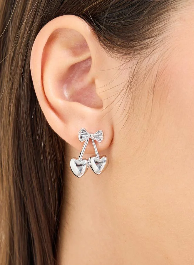 Silver Tone Heart Cherry Bow Dangler Earrings