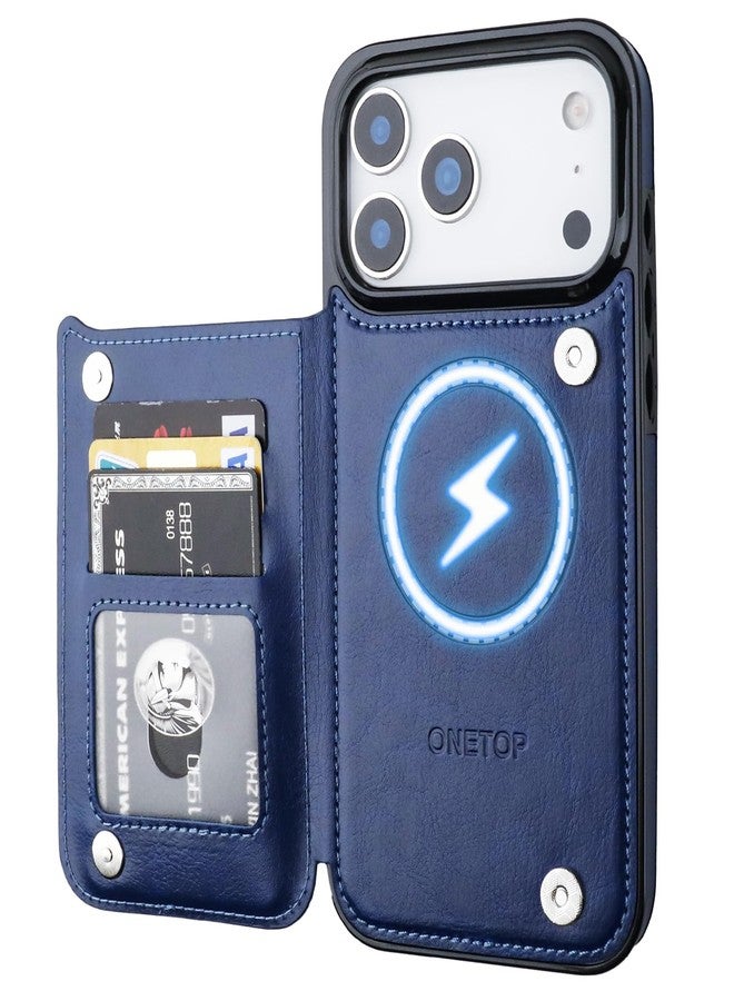 OT ONETOP جراب محفظة متوافق مع Magsafe لهاتف iPhone 17 Pro Max من ONETOP مع حامل بطاقات، مصنوع من جلد PU، مزود بحامل مدمج، وغطاء مانع لتقنية RFID، ومشبك مغناطيسي مزدوج، وغطاء متين مقاوم للصدمات، مقاس 6.9 بوصة (أزرق). - Image 1