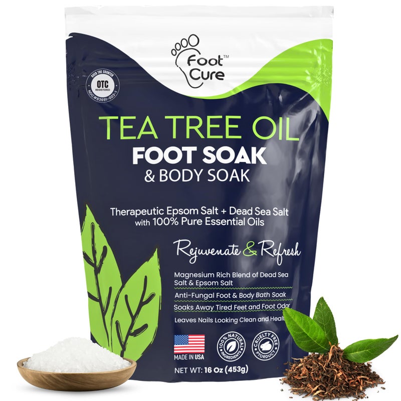 Foot Cure Tea Tree Oil Foot Soak with Epsom Salt - For Toenail Repair, Athletes Foot, Softens Calluses, Soothes Sore & Tired Feet, Nail Discoloration, odor Scent, Spa Pedicure Care - Made in USA 16 oz - Image 1