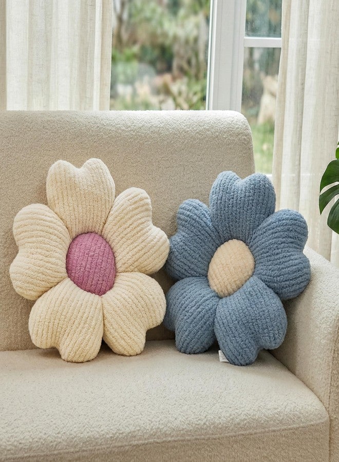 JZNEXD 2 Pcs Blue Decorative Throw Pillows, 15'' Cute Daisy Flower Shaped Pillow Floor Seating Cushion for Bed Couch Bedroom Room Dorm Decor (Blue & Ivory) - Image 1