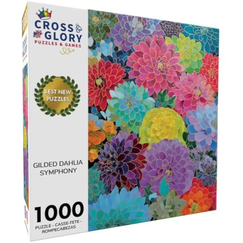 Cross & Glory بازل كروس غلوري داهليا المذهبة 1000 قطعة للبالغين فن الموزاييك الزهري المتألق بازل فني بداهليا مطبوعة بالذهب مع قطع شريطية نهائية بلمسة ساتانية - Image 5