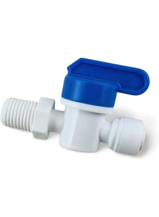 Plastic ball valve for water flow control, external male connector, white and blue, for RO water filter piping systems - Image 1