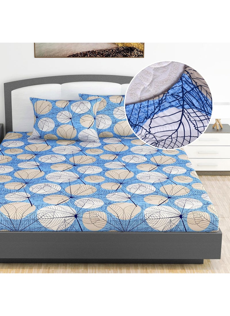 Divine Casa Divine Casa 144 TC 100 Cotton Floral Blue Cotton Lightweight King Size Bedsheet with Elastic Fitted 78 x 72 Inch 