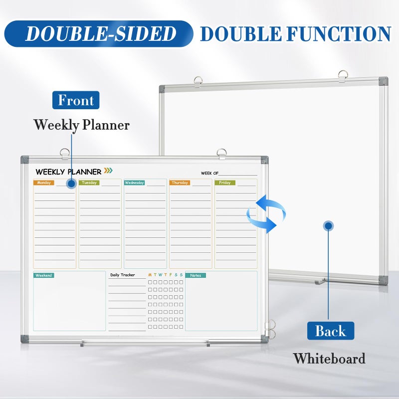 WALGLASS Weekly Dry Erase Calendar Whiteboard for Wall, 24" x 18" Double-Sided Weekly Planner White Board with Notes, Daily Tracker, Aluminum Framed Hanging & Wall Mount for Home, Office, School - Image 2