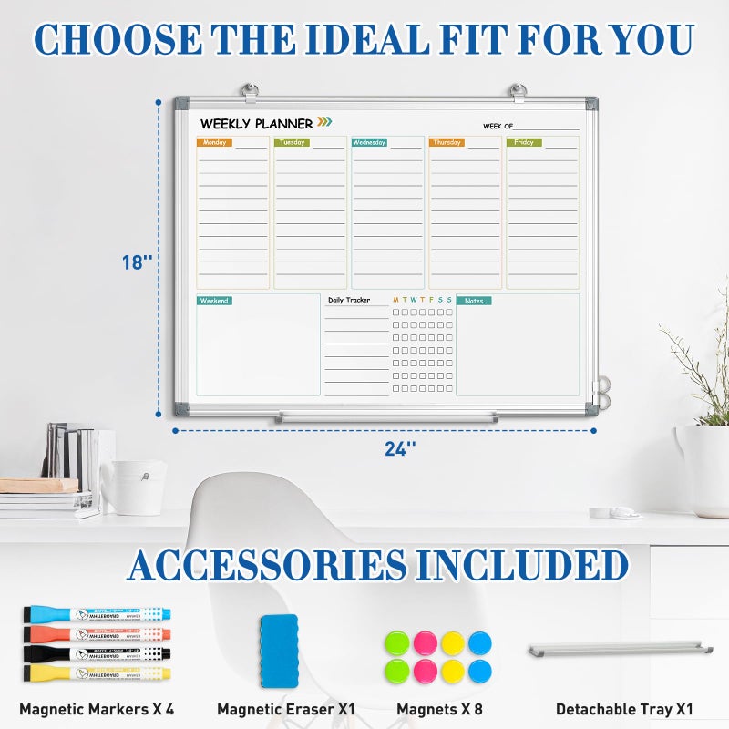 WALGLASS Weekly Dry Erase Calendar Whiteboard for Wall, 24" x 18" Double-Sided Weekly Planner White Board with Notes, Daily Tracker, Aluminum Framed Hanging & Wall Mount for Home, Office, School - Image 4