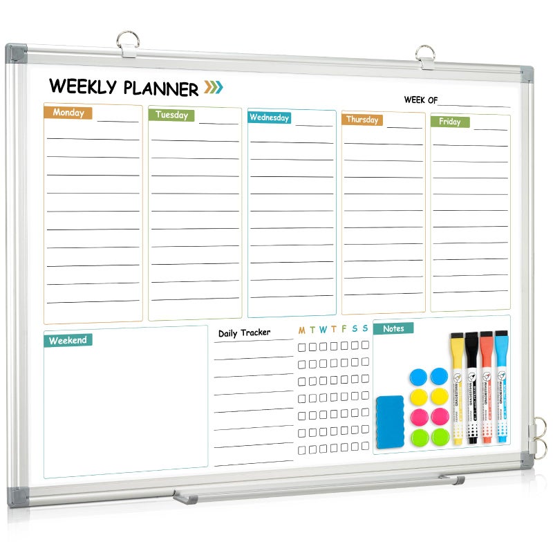 WALGLASS Weekly Dry Erase Calendar Whiteboard for Wall, 24" x 18" Double-Sided Weekly Planner White Board with Notes, Daily Tracker, Aluminum Framed Hanging & Wall Mount for Home, Office, School - Image 1