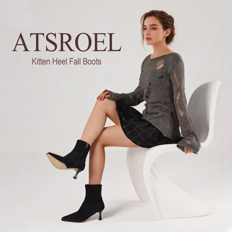 Atsroel Black Suede Ankle Boots Fall Boots For Women Side Zip Booties Pointed Toe Mid Calf Boots Kitten Heel Boots Dressy Short Boots - Image 5