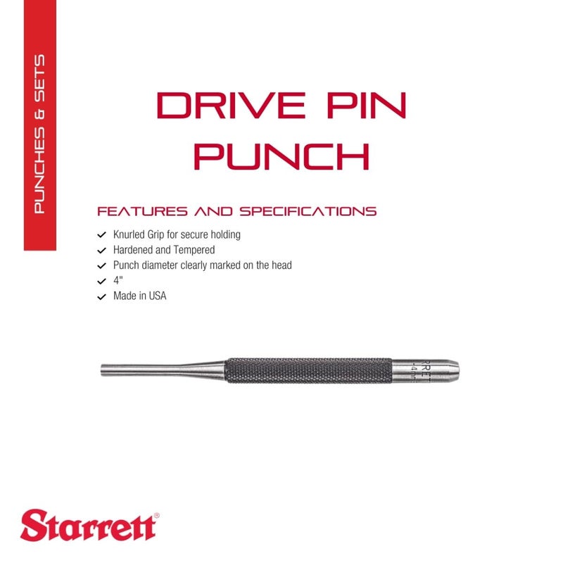 Starrett Drive Pin Punch with Knurled Grip for Driving Pins Into or Out of a Workpiece - Hardened and Tempered Steel, 4" Length, 5/32" Punch Diameter - 565D - Image 2