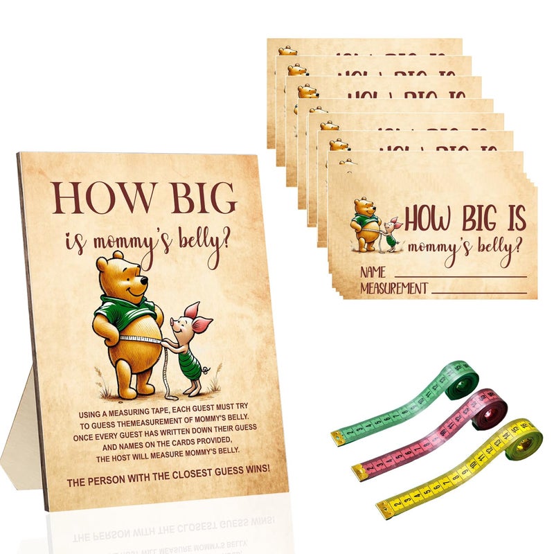 FurPaw The Bear Wood Frame with 36 Guest Game Cards,Classic Winnie Themed How Big is Mommy's Belly Party Birthday Game Decorations | 3 Tape Measure Included - Image 1