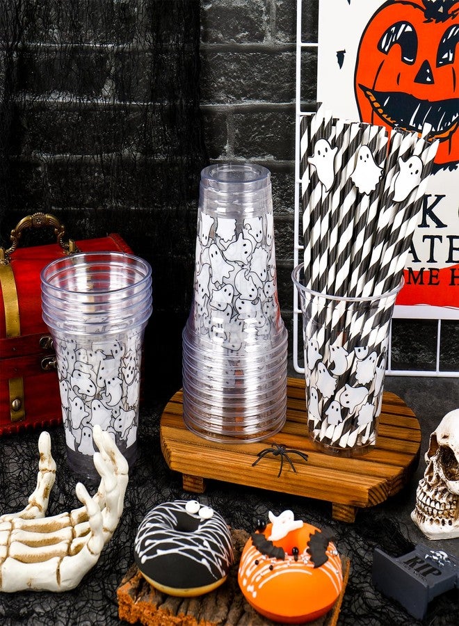 Whaline أكواب بلاستيكية من واهلين 50 قطعة بتصميم شبح أبيض مع أغطية وقشات، أكواب شرب شفافة قابلة للتخلص بسعة 12 أونصة لمستلزمات حفلات عيد الميلاد - Image 5