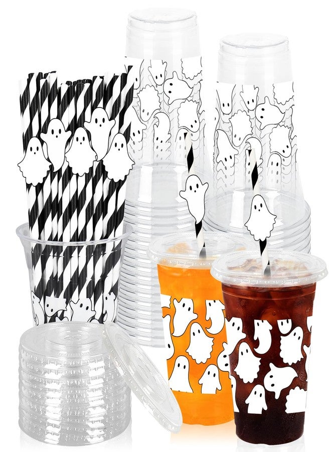 Whaline أكواب بلاستيكية من واهلين 50 قطعة بتصميم شبح أبيض مع أغطية وقشات، أكواب شرب شفافة قابلة للتخلص بسعة 12 أونصة لمستلزمات حفلات عيد الميلاد - Image 1