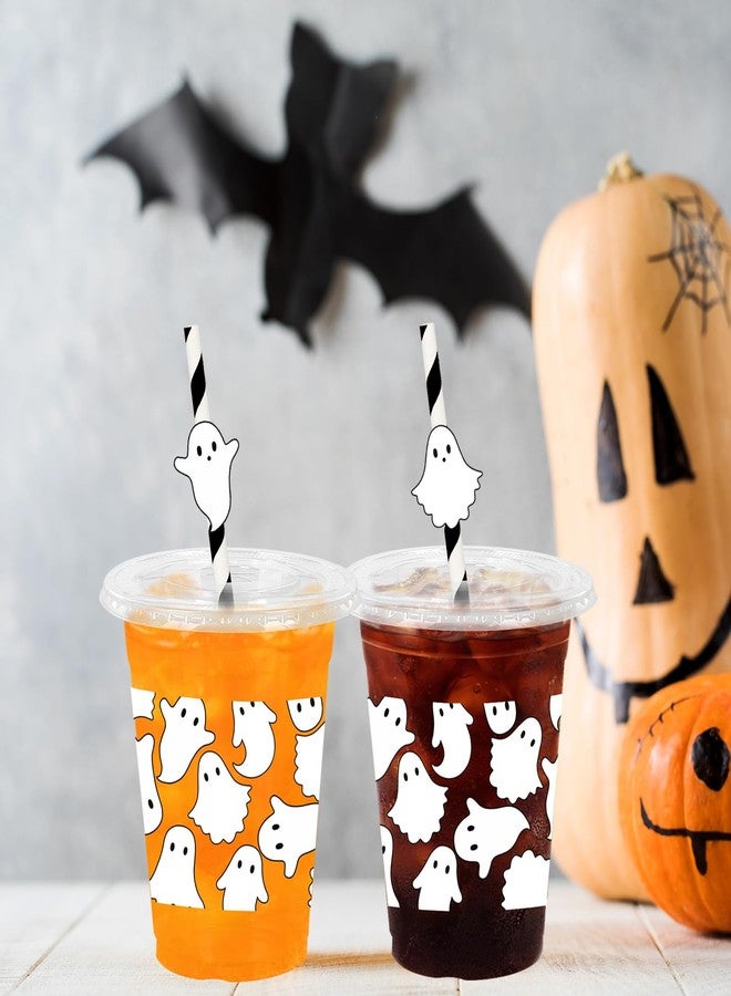 Whaline أكواب بلاستيكية من واهلين 50 قطعة بتصميم شبح أبيض مع أغطية وقشات، أكواب شرب شفافة قابلة للتخلص بسعة 12 أونصة لمستلزمات حفلات عيد الميلاد - Image 4