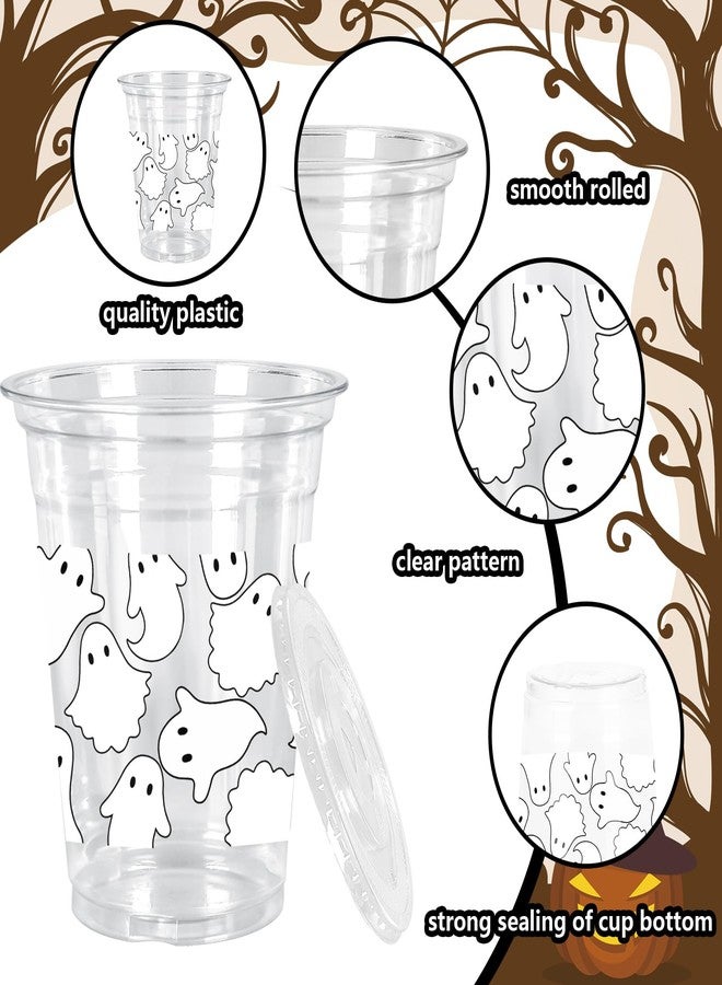 Whaline أكواب بلاستيكية من واهلين 50 قطعة بتصميم شبح أبيض مع أغطية وقشات، أكواب شرب شفافة قابلة للتخلص بسعة 12 أونصة لمستلزمات حفلات عيد الميلاد - Image 3